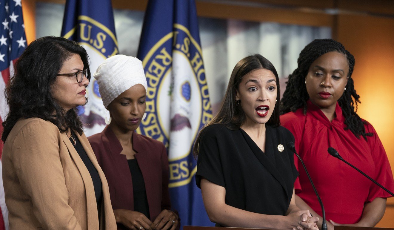 From left: Rashida Tlaib, Ilhan Omar, Alexandria Ocasio-Cortez and Ayanna Pressley. Trump attacked the four congresswomen, saying they should “go back” to their home countries. Photo: AP