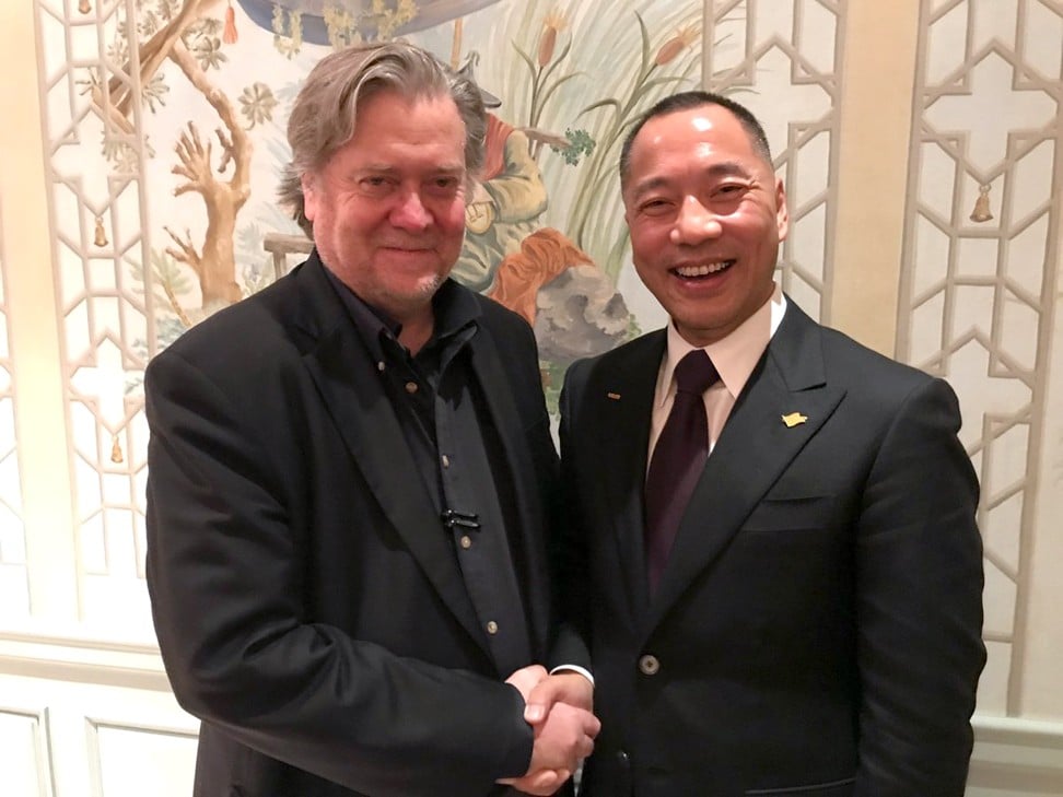 Chinese fugitive Guo Wengui in an October 11, 2017, photo posted on his Twitter account, after a visit by former White House strategist Steve Bannon. Photo: Guo Wengui’s Twitter @KwokMiles