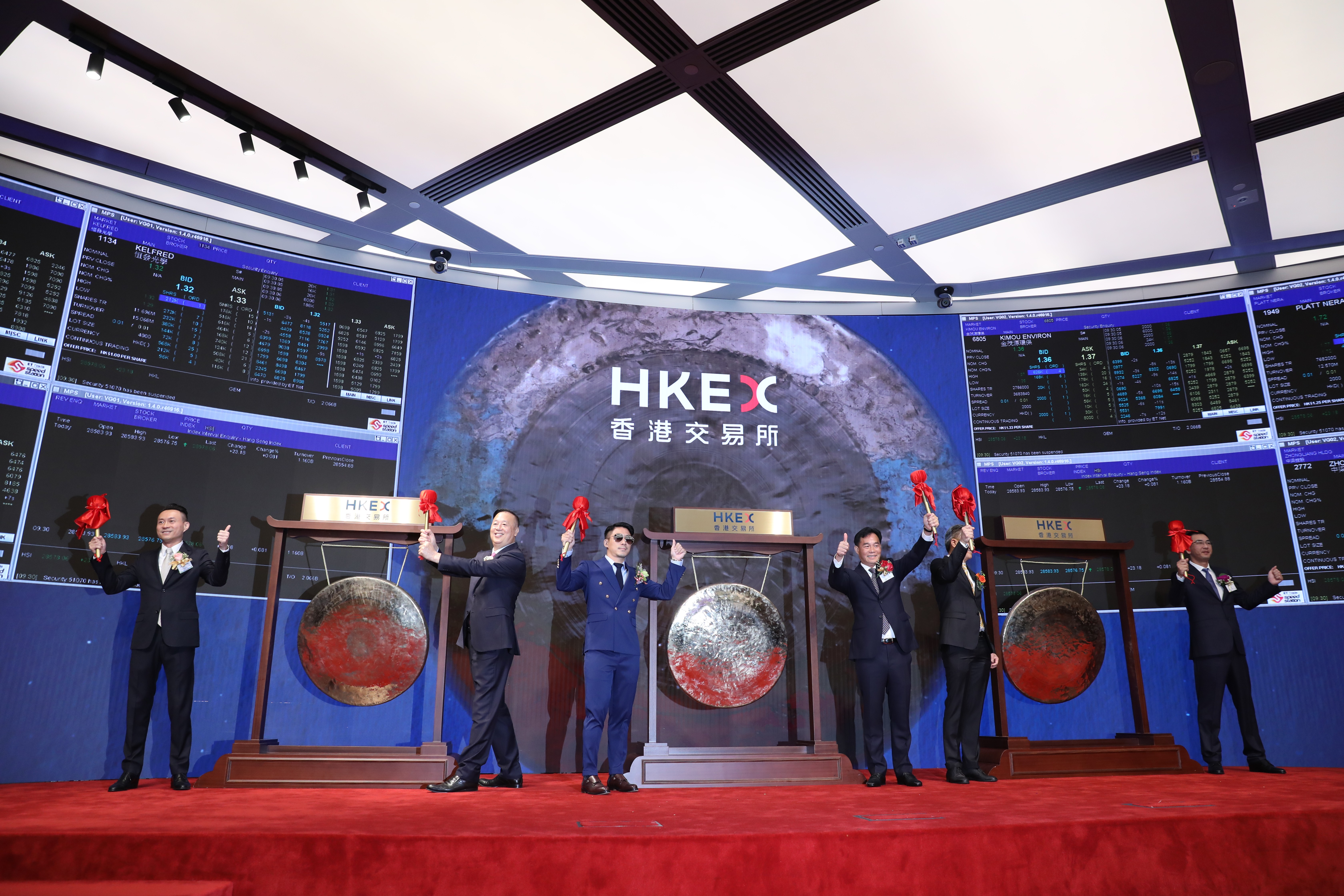 Executives of six companies that debuted on the Hong Kong stock exchange had to share one ceremonial gong between two companies to fit on the bourse’s centre stage on 16 July, 2019. Photo: SCMP/ Nora Tam