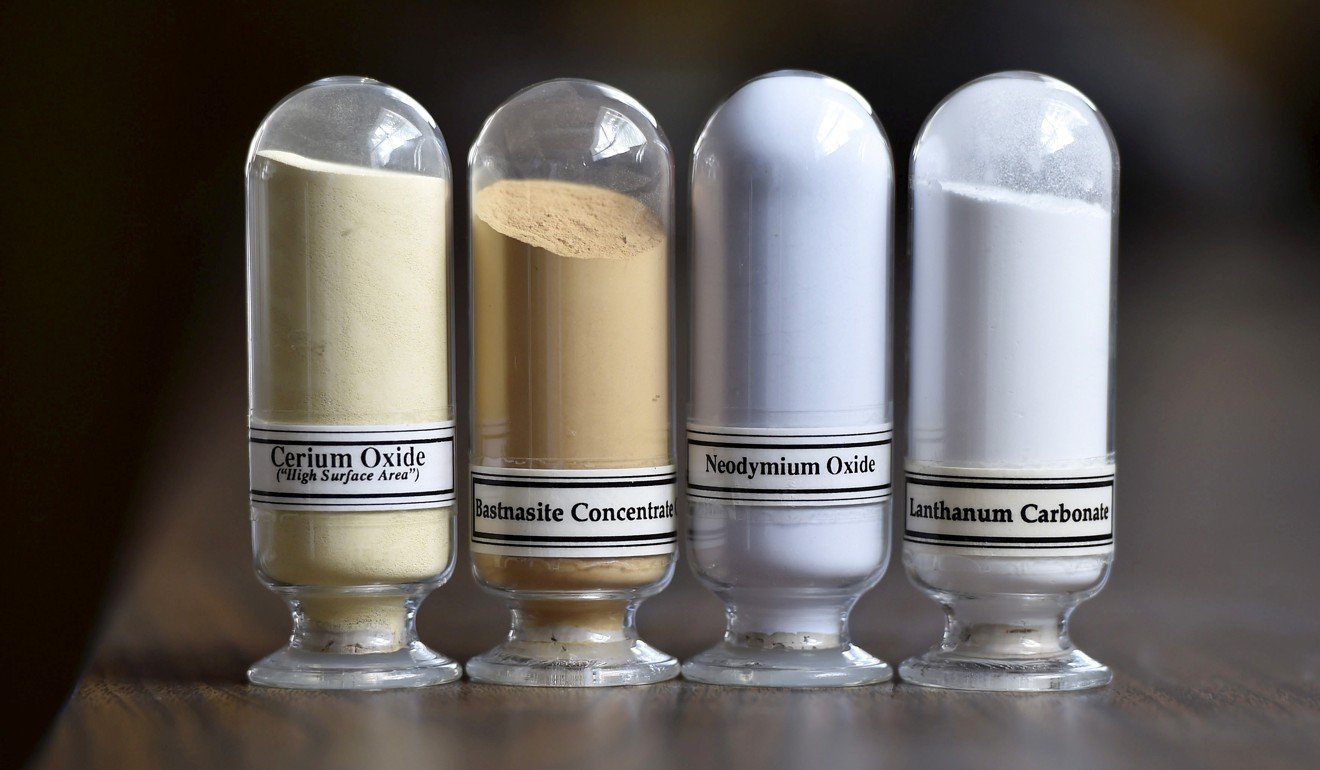 Samples of rare earth minerals from left: cerium oxide, bastnaesite, neodymium oxide and lanthanum carbonate. Photo: Reuters