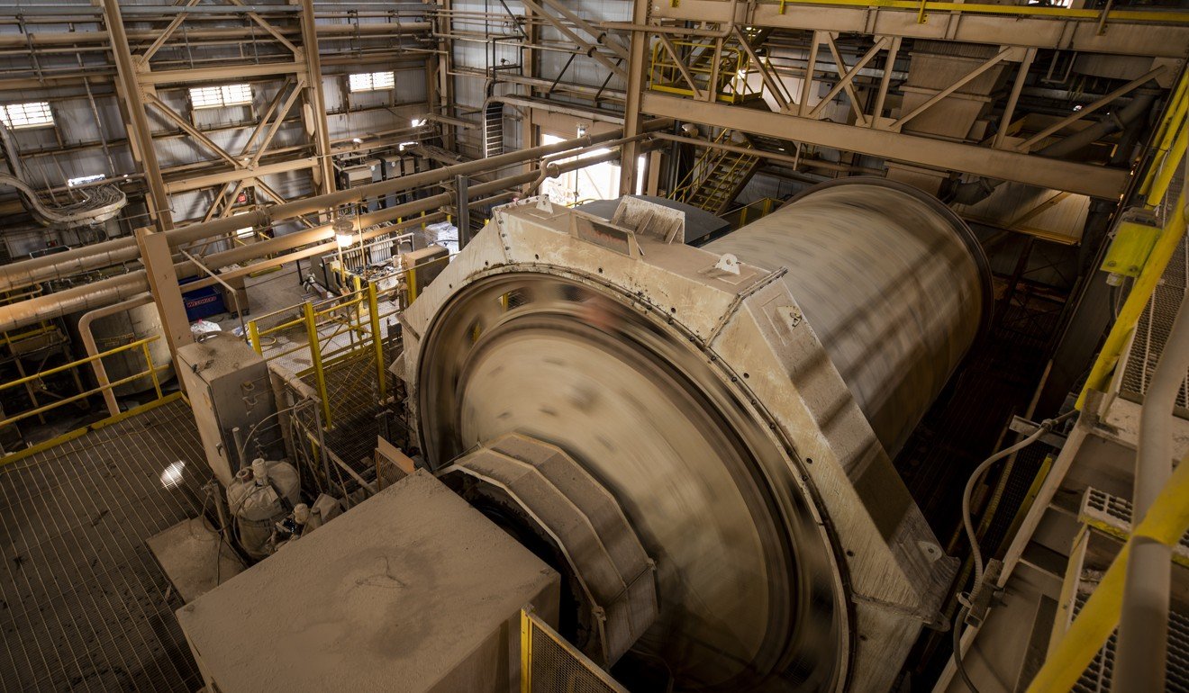 A ball mill turns during processing at the Mountain Pass mine in California. America’s only rare earths producer exports all its output to China. Photo: Bloomberg