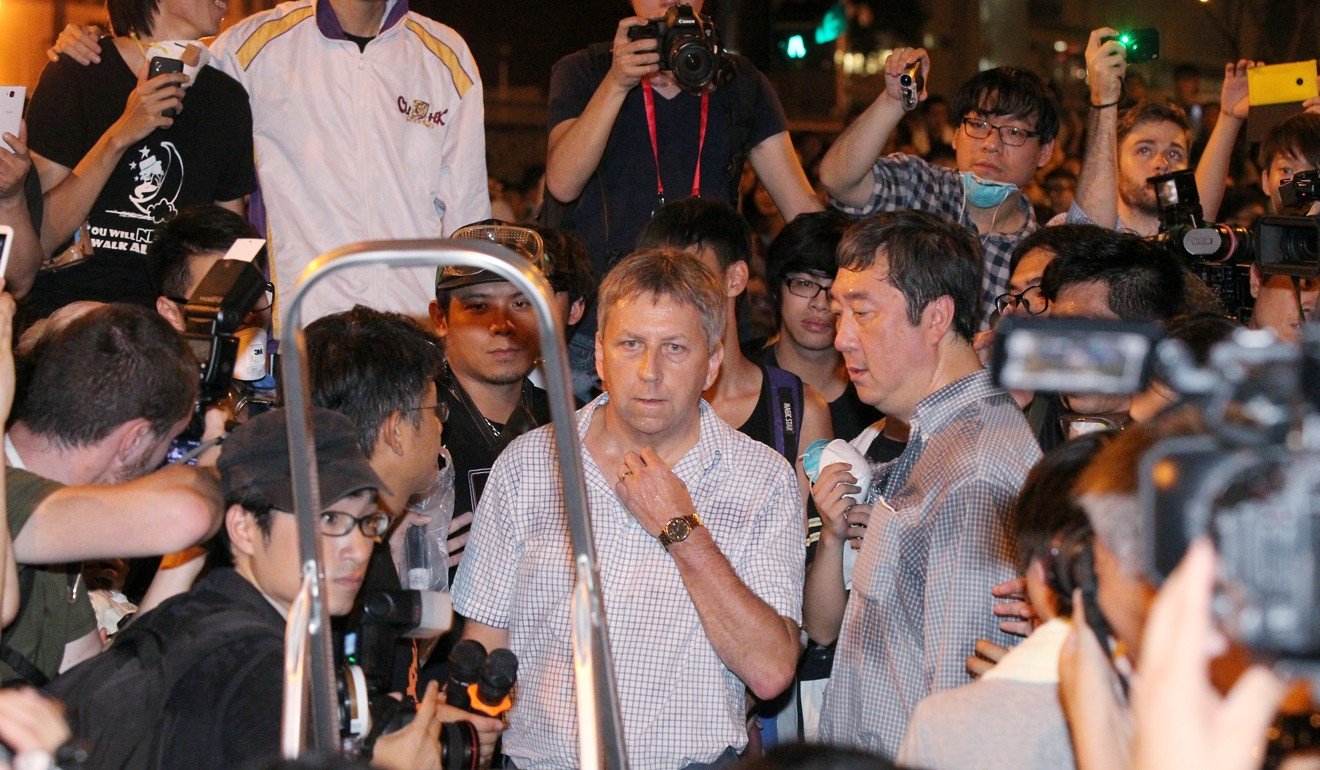 HKU chief Peter Mathieson speaks to students during Occupy. Photo: Handout