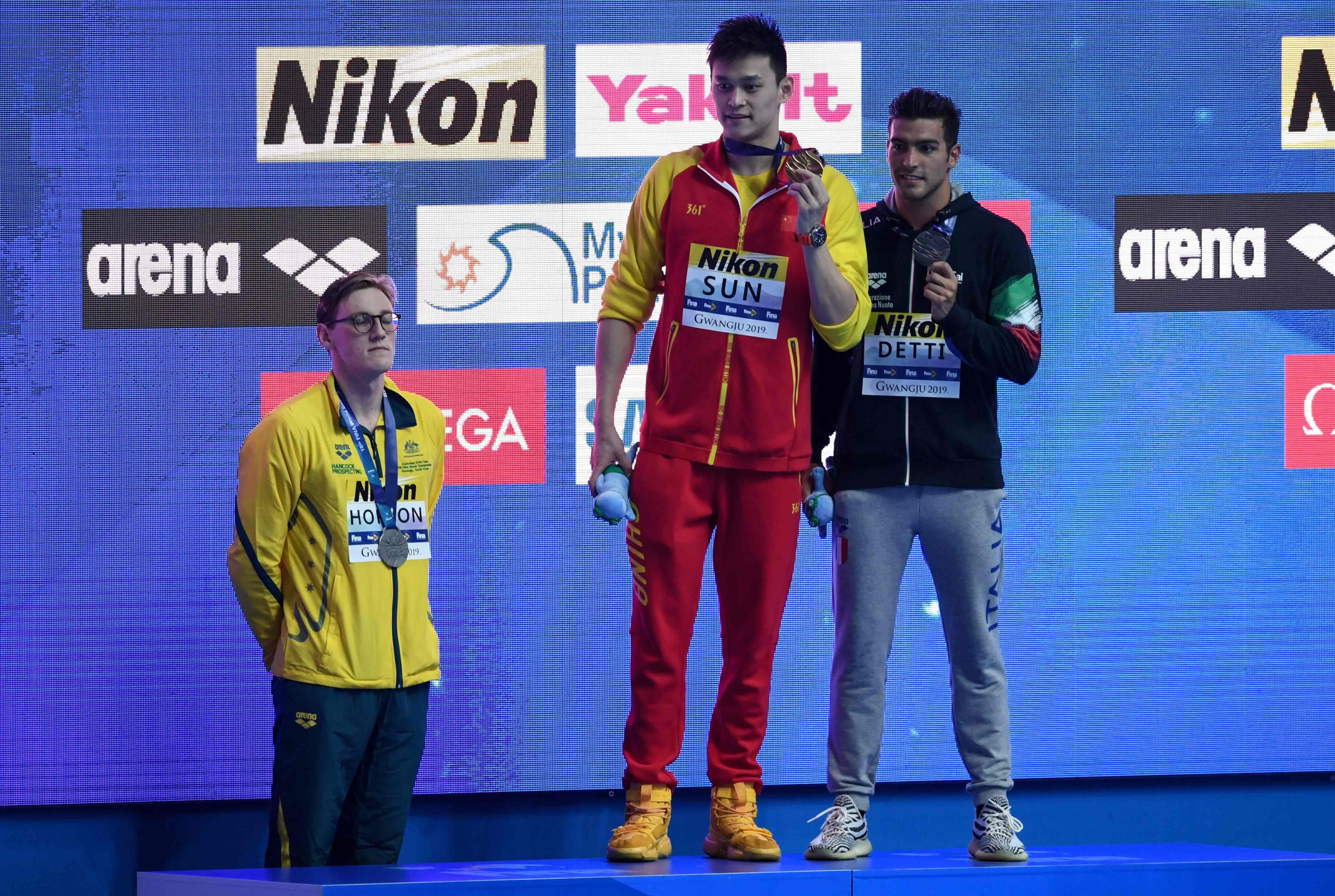 Silver medallist Mack Horton of Australia (left) refused to stand on the podium with gold medallist Sun Yang of China on Sunday. Photo: AFP
