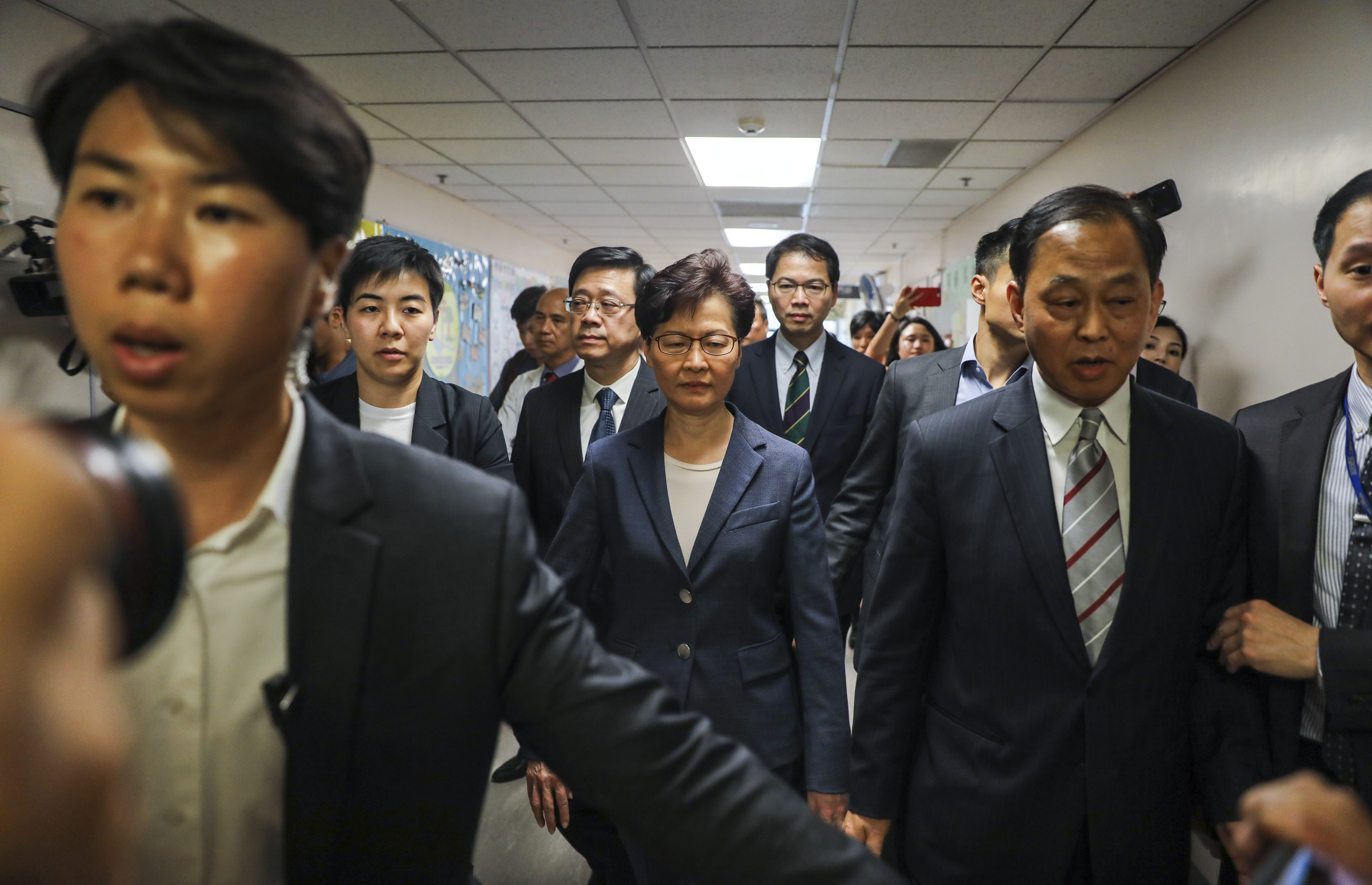Hong Kong Chief Executive Carrie Lam visits a Tai Po hospital on July 15 to see a police officer injured in scuffles with protesters in Sha Tin the previous day. Photo: Sam Tsang