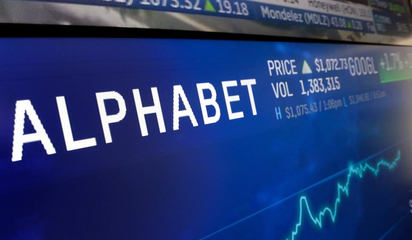 The logo for Alphabet appears on a screen at the Nasdaq MarketSite in New York. Photo: AP Photo