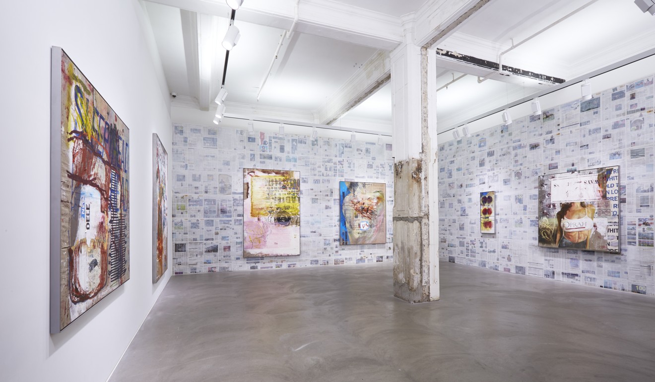 Mixed-media paintings by Mandy El-Sayegh at Lehmann Maupin's Hong Kong gallery. Photo: Xiaomei Chen