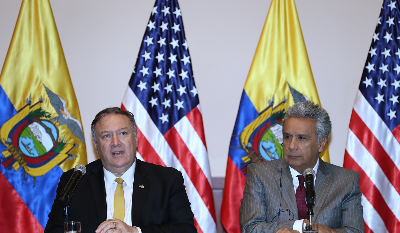 US Secretary of State Mike Pompeo (left) and Ecuadorian President Lenin Moreno hold a joint press conference during Pompeo’s tour of Latin America on July 20. Photo: EPA-EFE