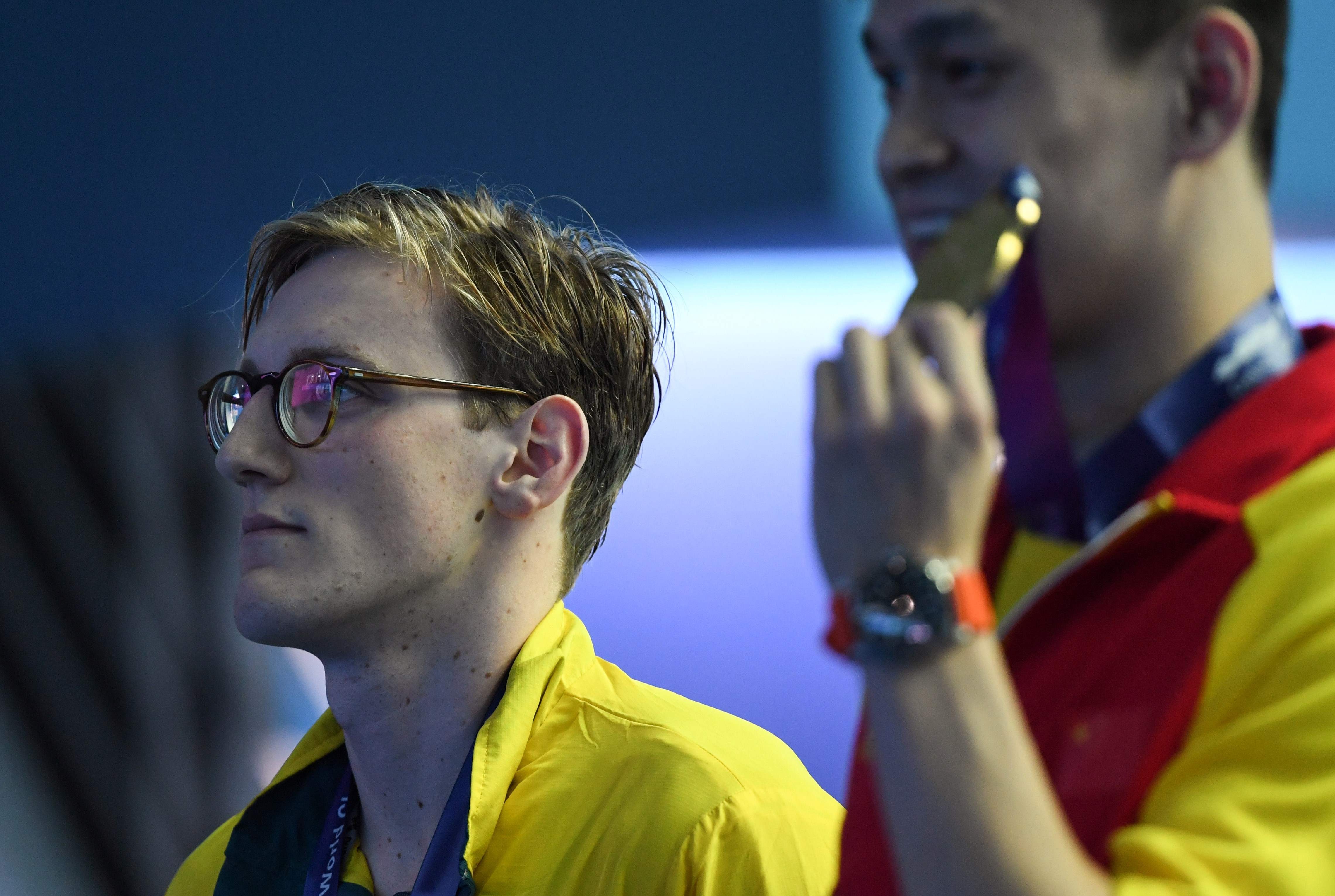 Silver medallist Mack Horton of Australia refuses to take the podium with gold medallist Sun Yang of China after the men’s 400m freestyle final at the 2019 FINA World Championships in Gwangju on July 21. Photo: AFP