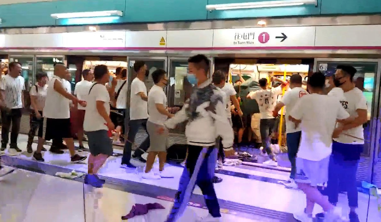 An armed mob of men in white T-shirts attacked protesters and passers-by at the Yuen Long station last Sunday. Photo: Handout
