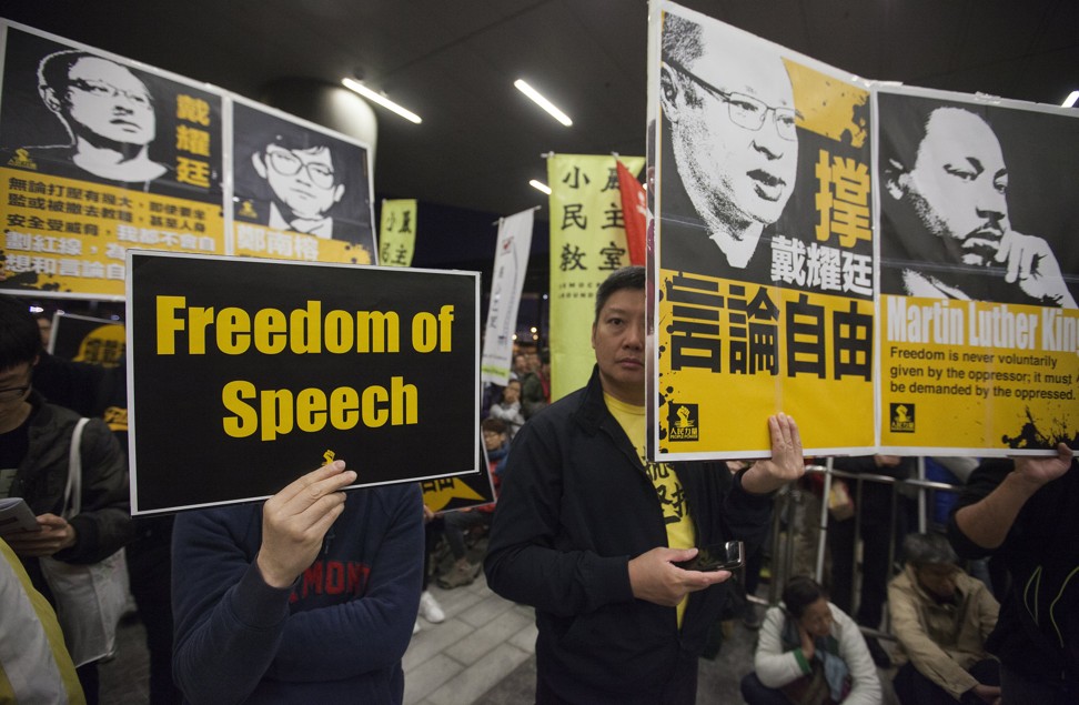 A poster of Martin Luther King is among those carried by participants at a Hong Kong rally to defend the freedom of speech and Occupy leader Benny Tai, in April 2018. The following April, Tai was sentenced to jail alongside other Occupy leaders and activists. Photo: EPA-EFE