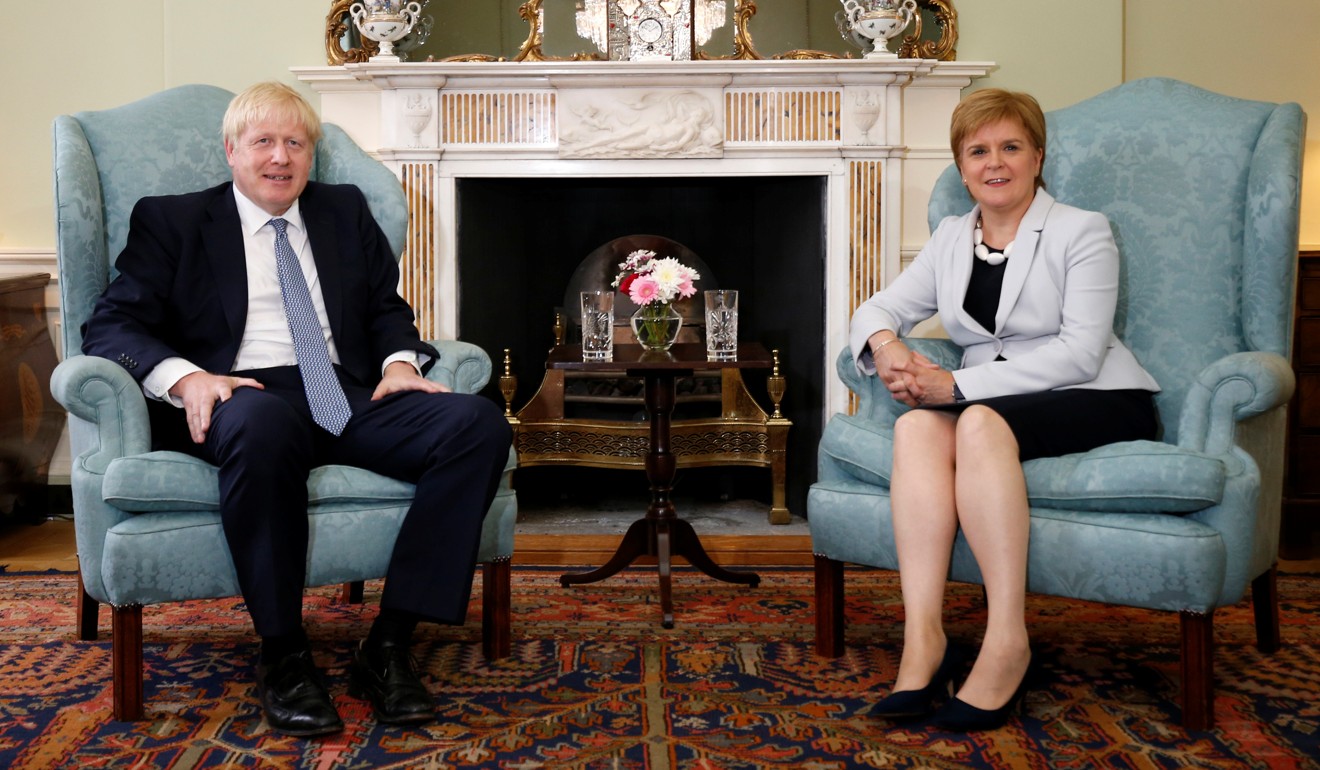 British Prime Minister Boris Johnson and Scotland's First Minister Nicola Sturgeon meet at Bute House in Edinburgh on Monday. Photo: Reuters