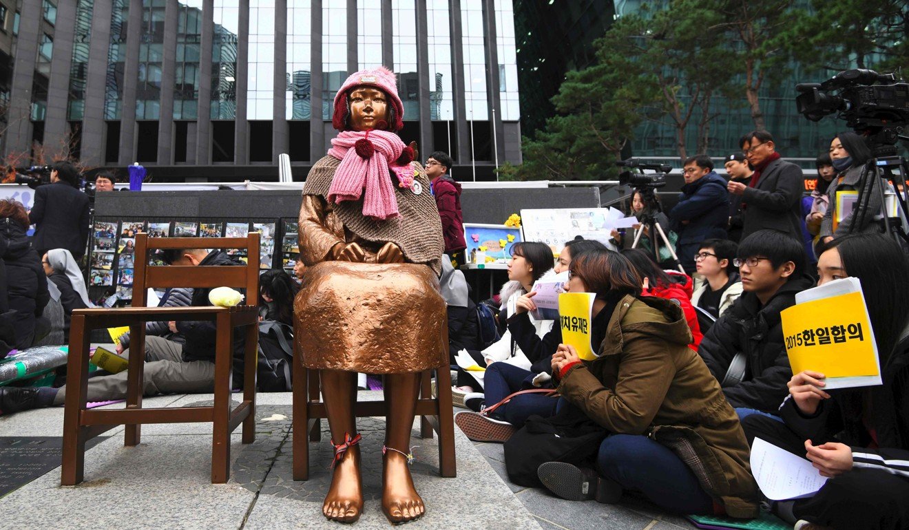 South Korean protesters sit near a statue of a girl symbolising former âcomfort womenâ forced into sexual slavery, at a demonstration in front of the Japanese embassy in Seoul in November 2018. Photo: AFP