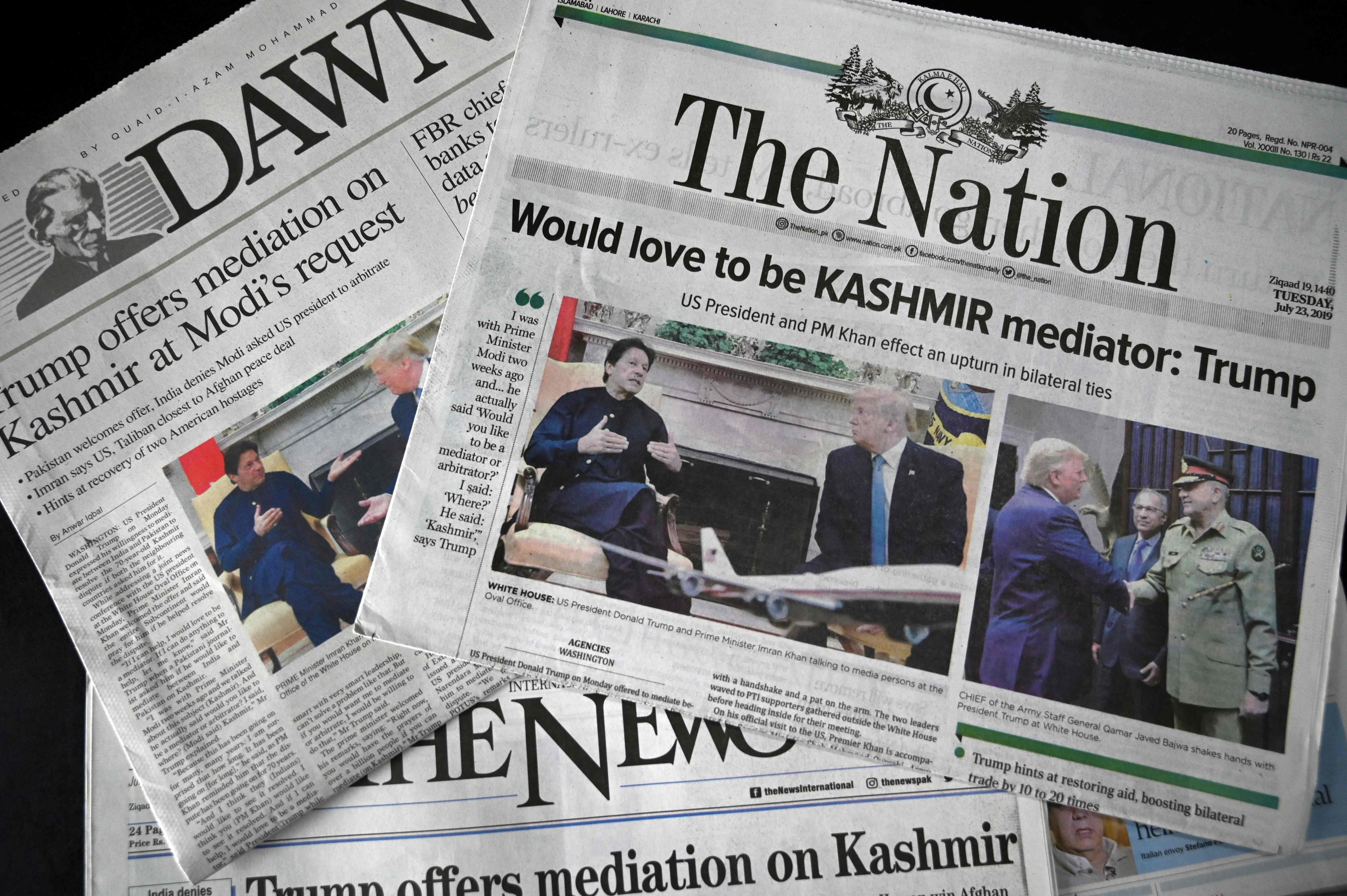 Pakistani Prime Minister Imran Khan’s meeting with US President Donald Trump in the White House on July 22 is front-page news for major newspapers back home. Pakistan’s top military leaders accompanied Khan on the visit. Photo: AFP