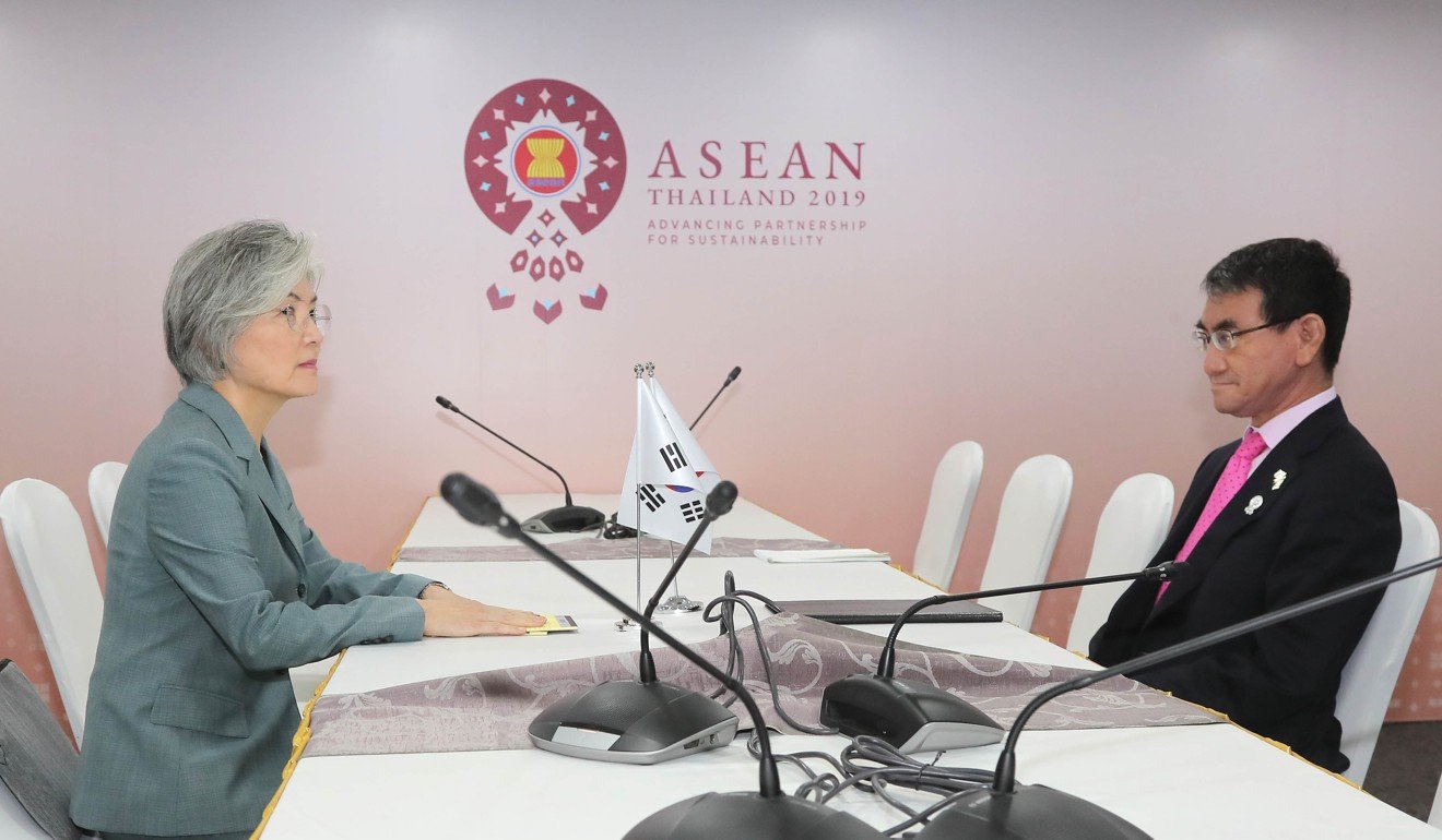 South Korea's Foreign Minister Kang Kyung-wha (left) and her Japanese counterpart Taro Kono clashed at an Asean meeting in Bangkok on Thursday, ahead of the Beijing RCEP talks. Photo: AFP
