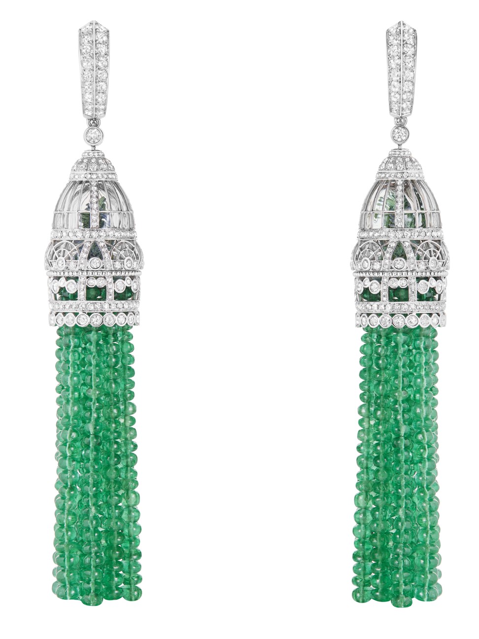 Boucheron’s Verriere earrings pendants set with emerald beads and rock crystal, paved with diamonds, in white gold