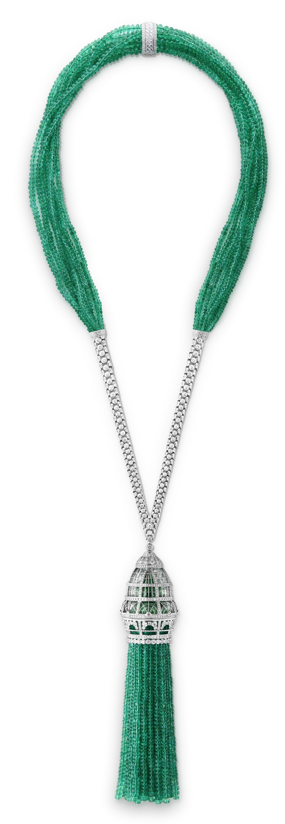Boucheron’s Verriere long necklace – the version without the brooch – set with emeralds beads, square diamonds and rock crystal, paved with diamonds, in white gold