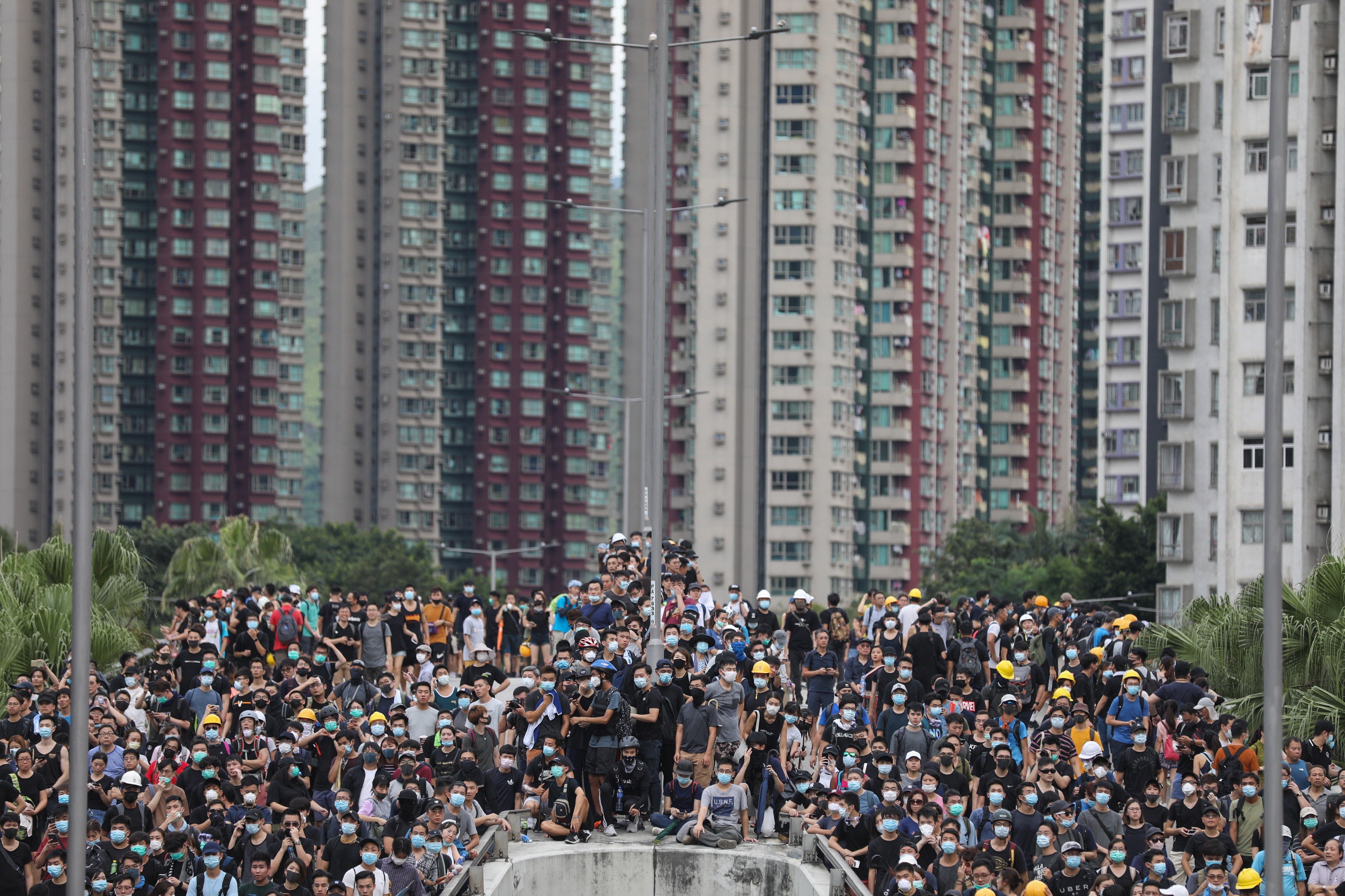 Extradition bill protesters at a mass rally in Yuen Long on July 27. Recent protests are one of the factors contributing to Hong Kong’s stagnant economy. Photo: EPA