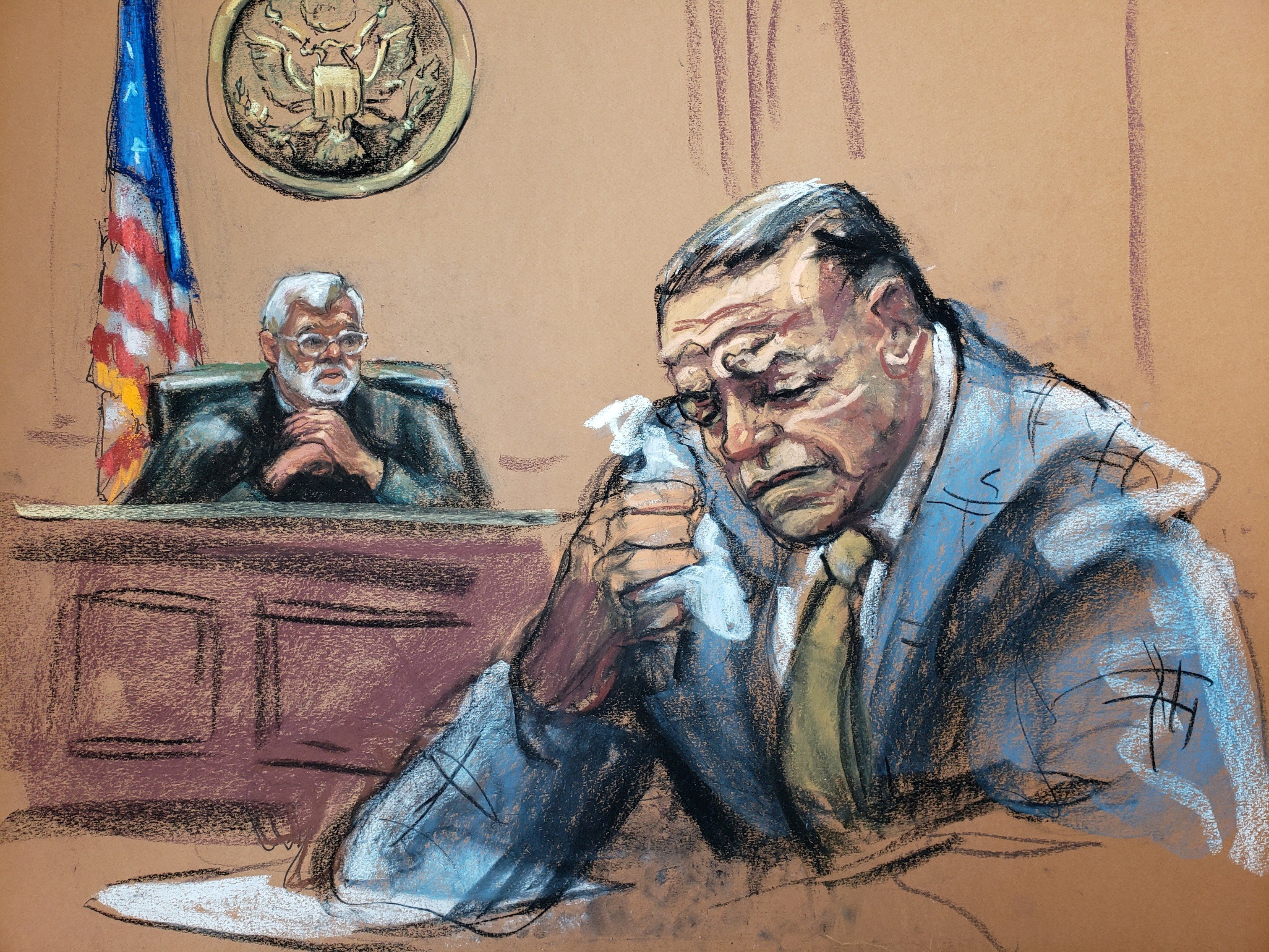 A courtroom sketch shows Cesar Sayoc weeping during sentencing at the federal court in Manhattan on Monday. Image: Jane Rosenberg via Reuters