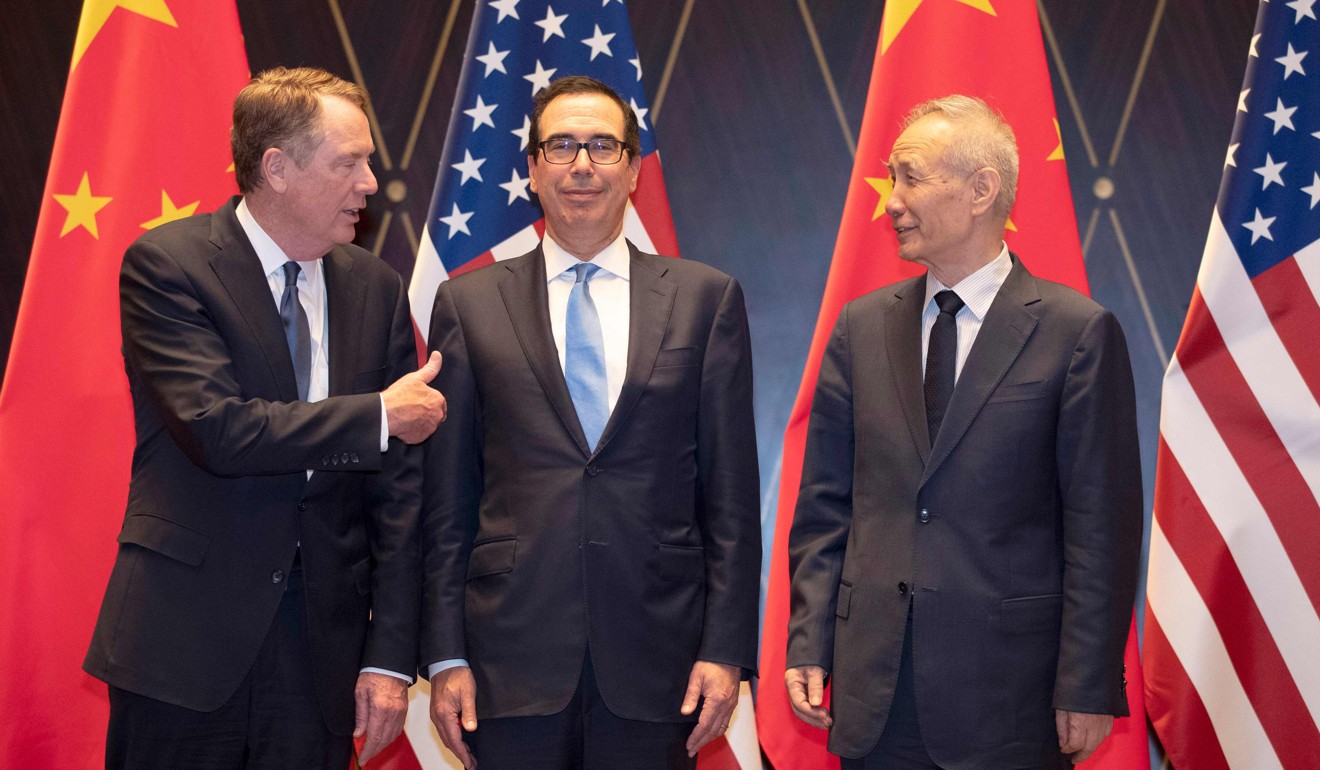 US Trade Representative Robert Lighthizer (left) with US Treasury Secretary Steven Mnuchin (centre) and Chinese Vice-Premier Liu He (right) during trade talks in Shanghai. Trump’s negotiators claimed to be making progress in the discussions, just before the US president said a 10 per cent tariff would be imposed on US$300 billion of Chinese products. Photo: AFP