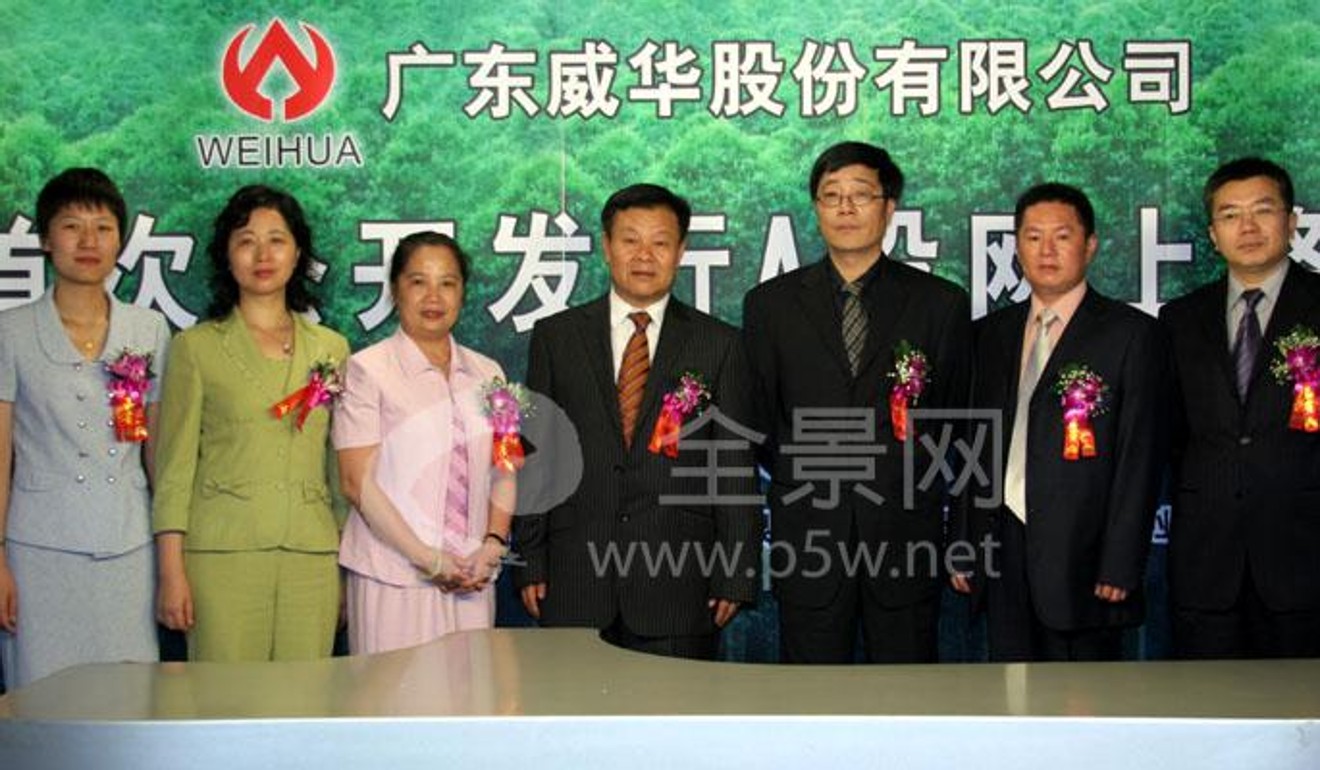 Li Jianhua (fourth from left) and his wife Liu Xian (third from left), with staff of Guangdong Weihua Corporation during the firm's 2008 IPO roadshow. Photo: Guangdong Weihua Corporation