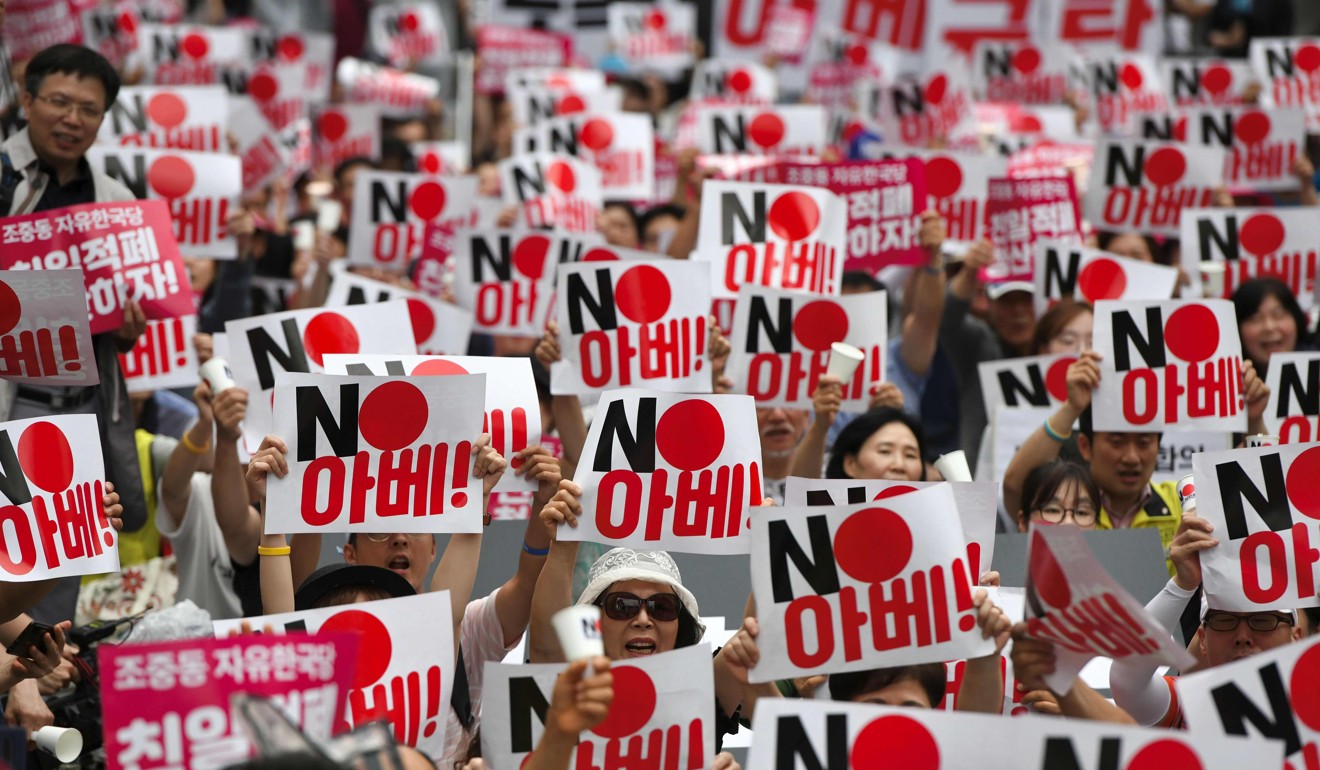 South Korean protesters hold up placards in Seoul denouncing Japan for its trade restrictions. Photo: AFP