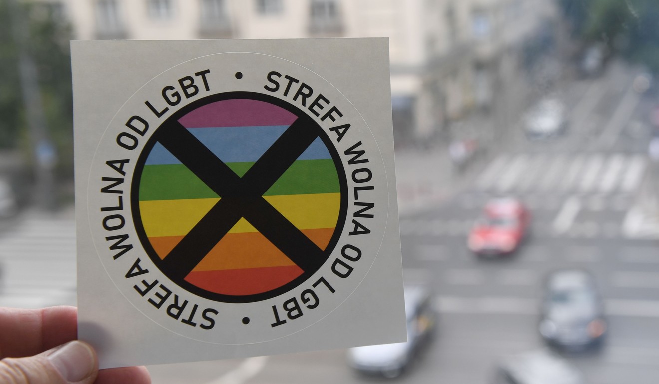 An ‘LGBT-free zone’ sticker of the type banned by a court in July. Photo: AFP