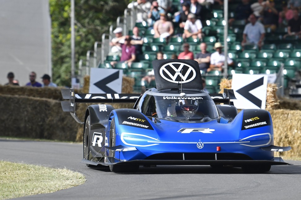 Romain Dumas and his record-breaking Volkswagen ID R electric racing car at this year’s Goodwood Festival of Speed.