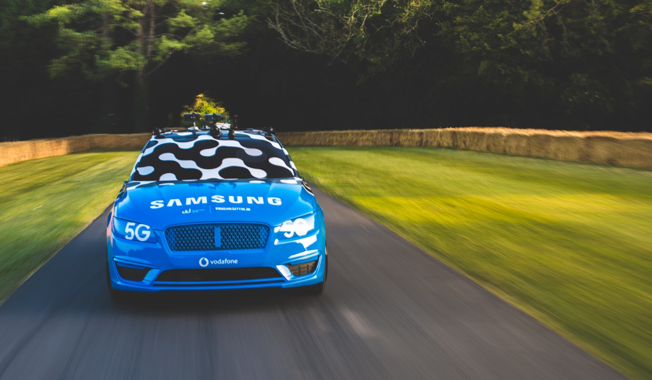 Samsung’s S Drone car, which is controlled remotely by a driver wearing a virtual reality headset while using roof-mounted smartphones, at July’s Goodwood Festival of Speed, in England.