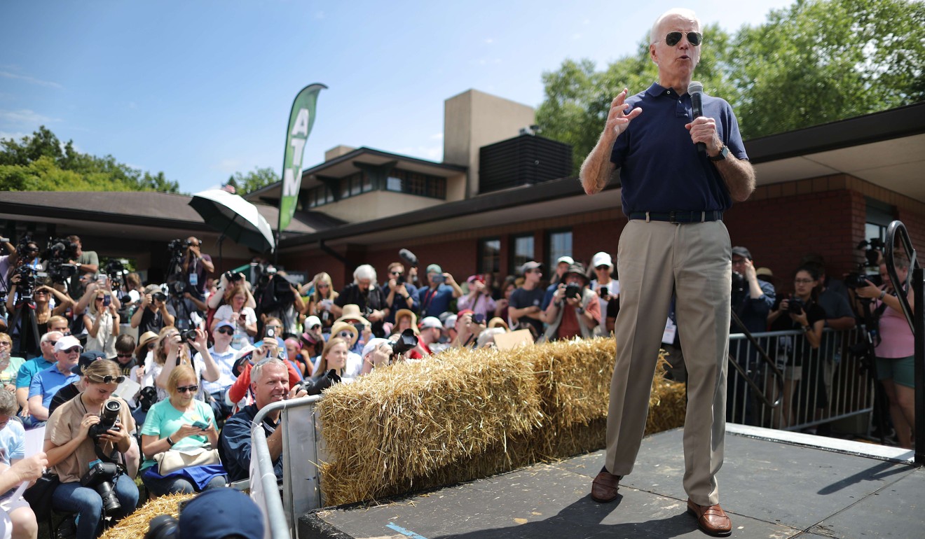 Democratic presidential Joe Biden delivers a speech at the Des Moines Register Political Soapbox at the Iowa State Fair on Thursday. Photo: AFP