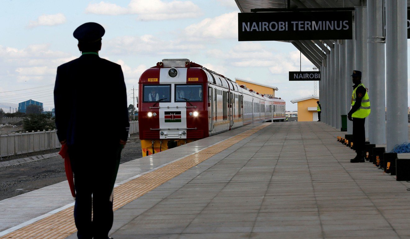 A train on the Standard Gauge Railway line, built by the China Road and Bridge Corporation and financed by the Chinese government, arrives at the Nairobi terminus on the outskirts of Kenya’s capital. Photo: Reuters