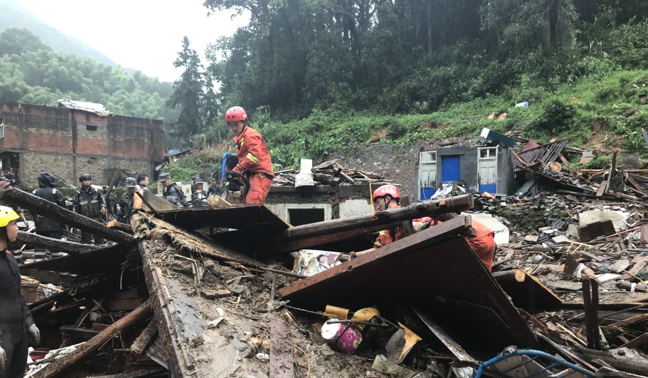 Rescuers at work in Shanzao Village of Yantan Town in Zhejiang Province on Saturday. Photo: Xinhua