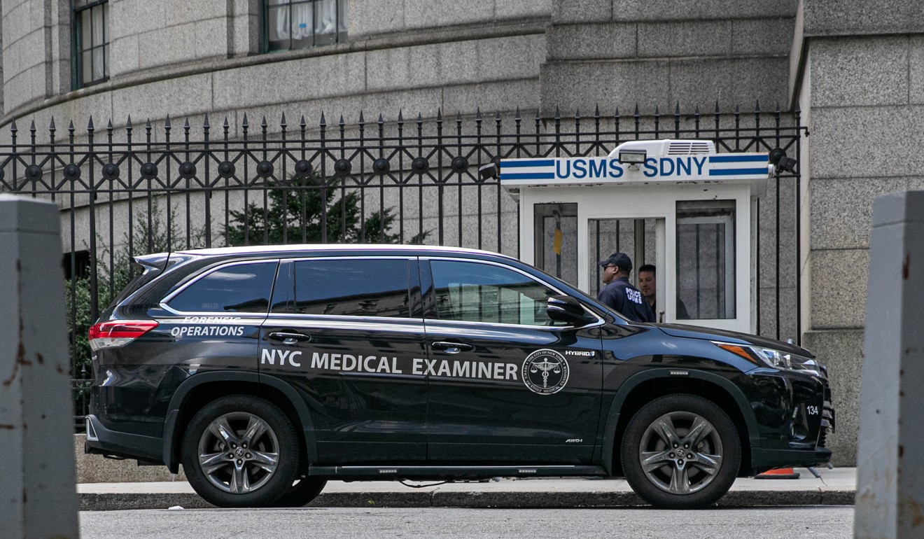 A medical examiner’s vehicle at the Metropolitan Correctional Centre where Epstein was found dead on Saturday. Photo: Reuters