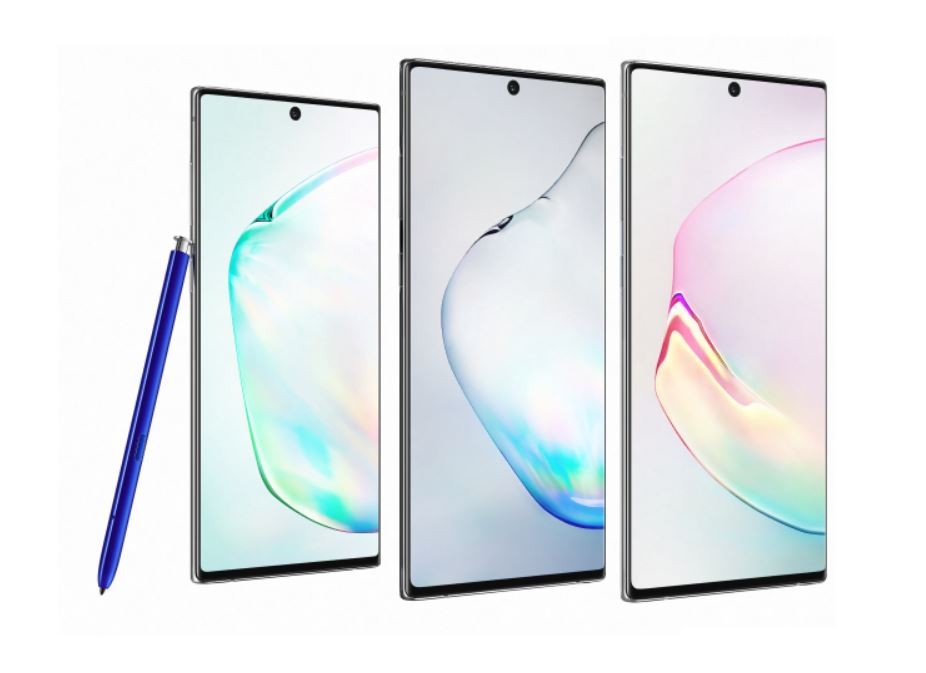 The new Samsung Galaxy Note 10 (left) and Note 10 Plus (centre and right) feature the use of an S Pen, which allows users to write and draw on the screen. Photo: Samsung