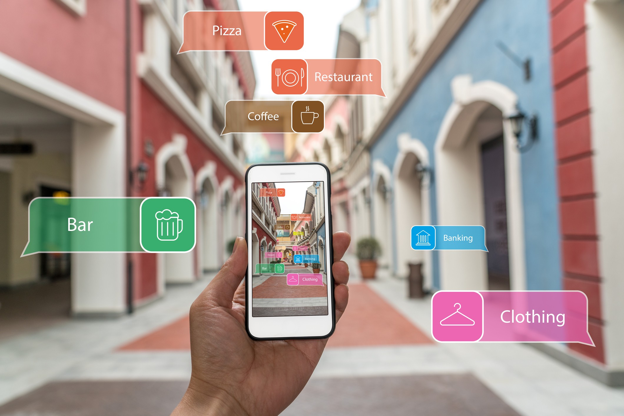 Augmented reality provides useful marketing information via the smartphone to shoppers and visitors.
