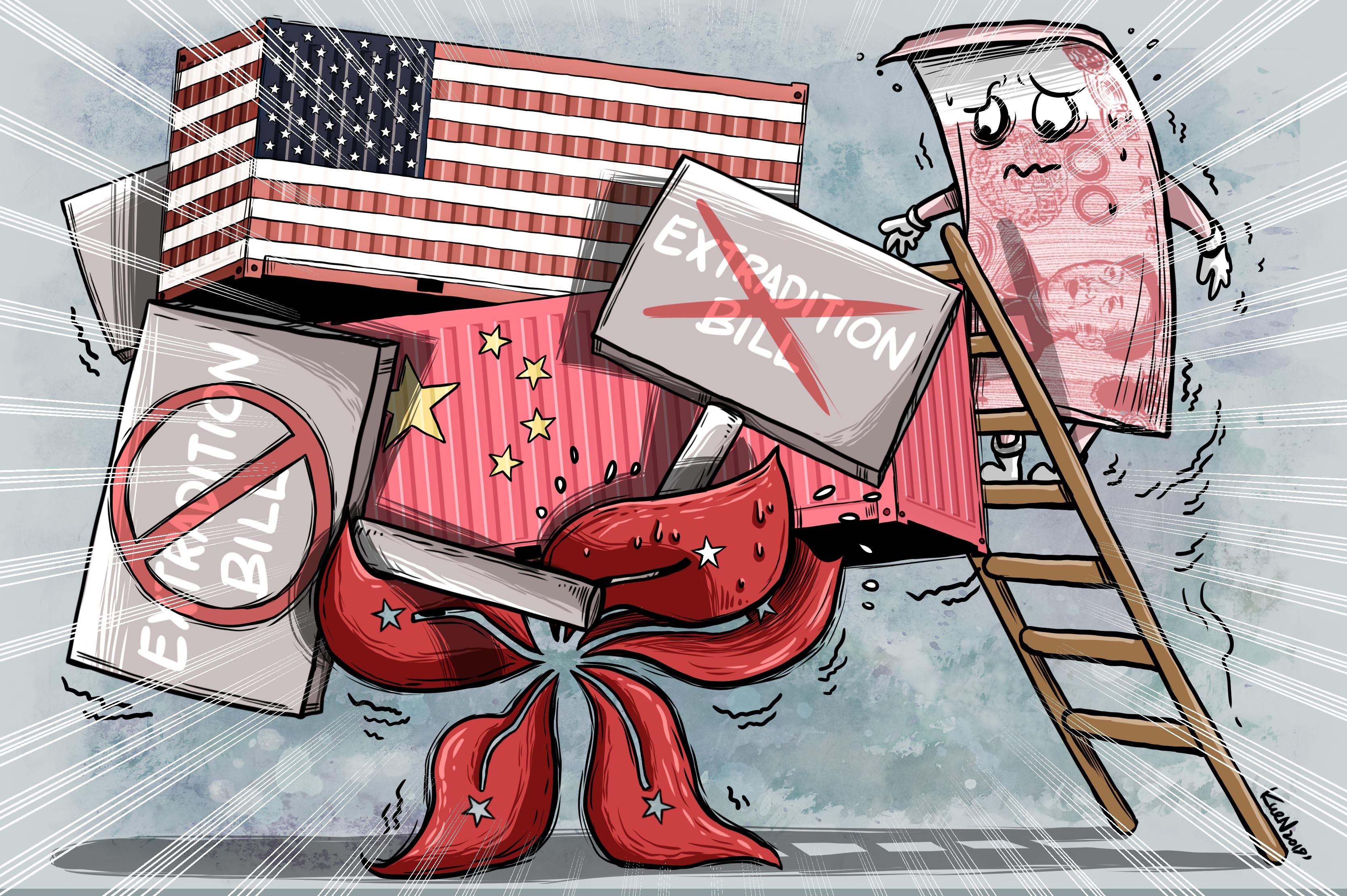 The anti-government protests and the US-China trade war are already weighing on Hong Kong’s economy, now it is set to feel the pressure of a weaker Chinese yuan. Illustration: Lau Ka Kuen