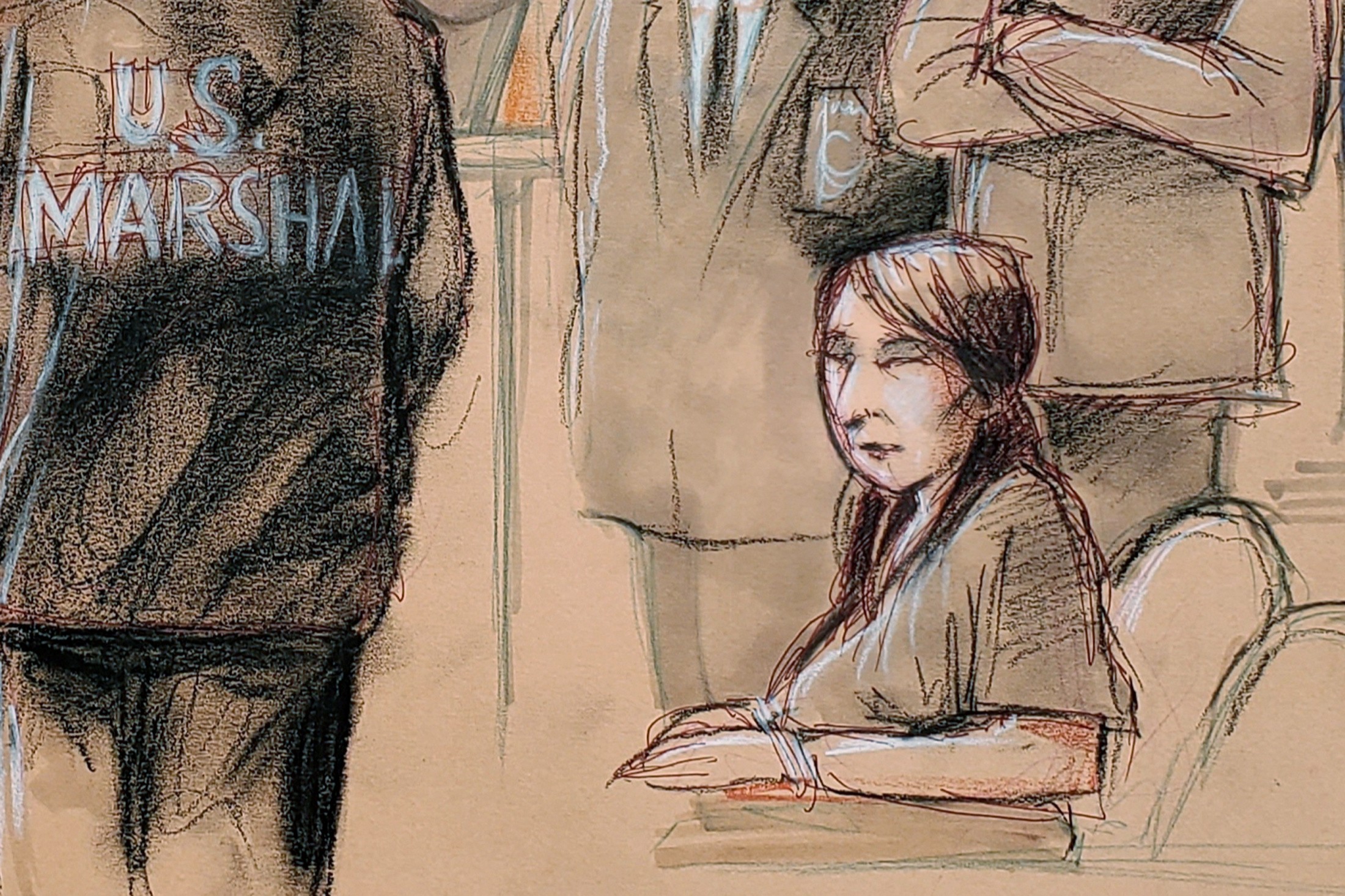 A courtroom sketch depicts Zhang Yujing, charged with bluffing her way into US President Donald Trump's Florida resort, waiting for the start of her hearing in West Palm Beach in April. Image: Daniel Pontet via Reuters