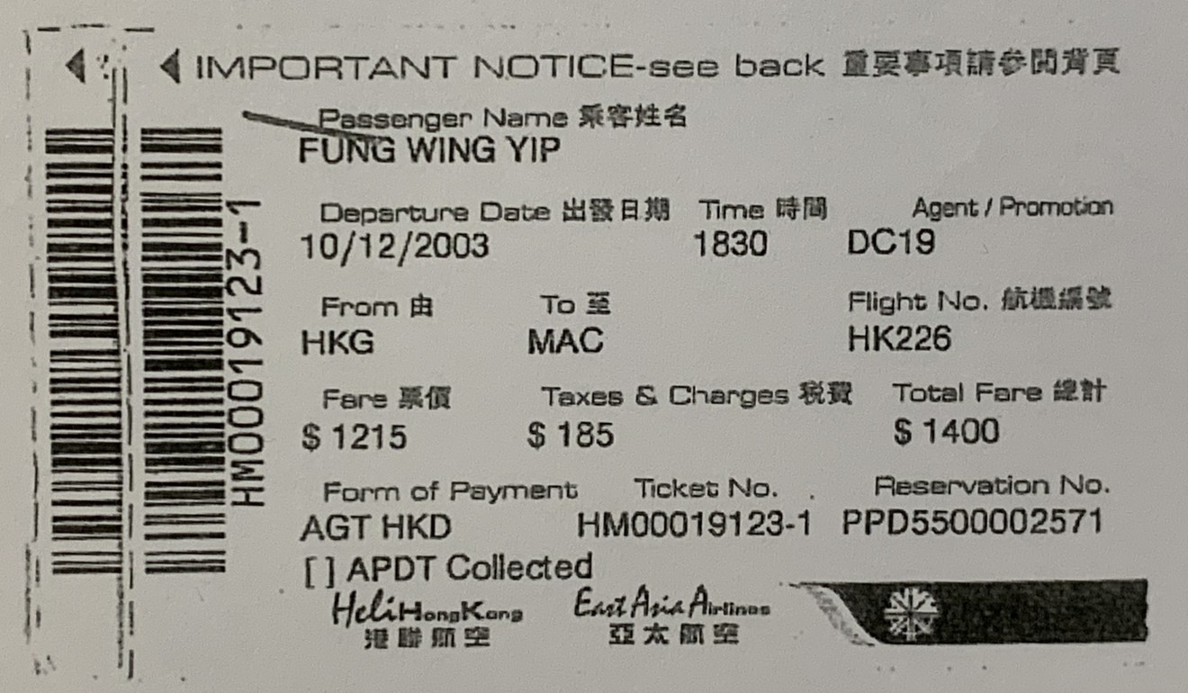 Wilson Fung’s helicopter ticket to Macau on the day he started his secret 13-year affair with Cheyenne Chan, who would later become his co-defendant in a bribery trial. Photo: Handout