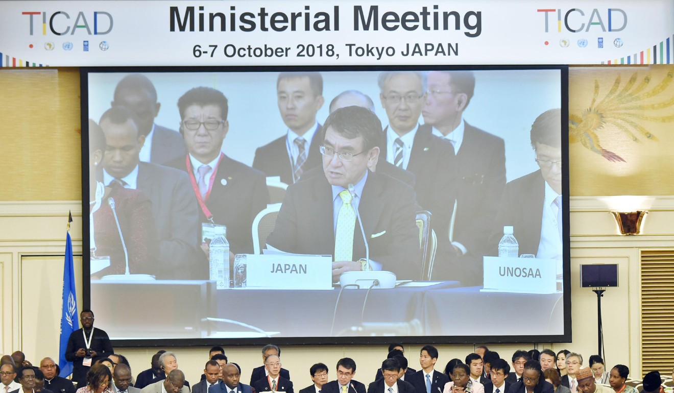 Japanese Foreign Minister Taro Kono gives a speech at the TICAD in Tokyo in October. Japan will reportedly pledge US$2.83 billion in aid to Africa this year. Photo: The Yomiuri Shimbun