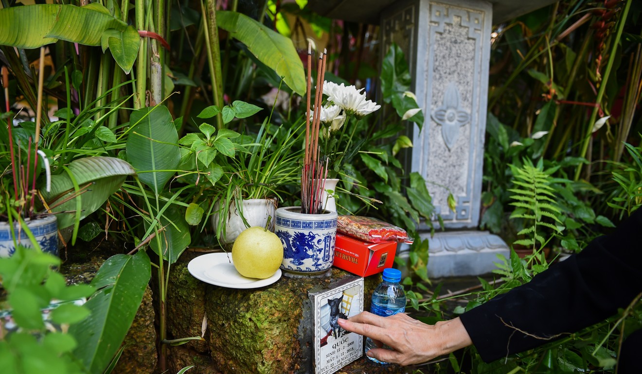 Nguyen Thi Xuan Trang touches the plaque on her dog’s grave at Te Dong Vat Nga pagoda, a cemetery for pets in Hanoi. Photo: Nhac Nguyen/AFP