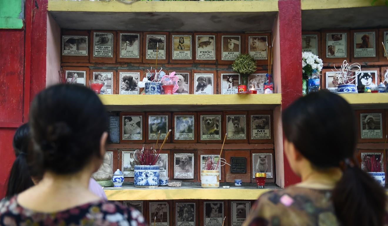 Two women stand before the plague of their pets after placing offerings. Photo: Nhac Nguyen/ AFP