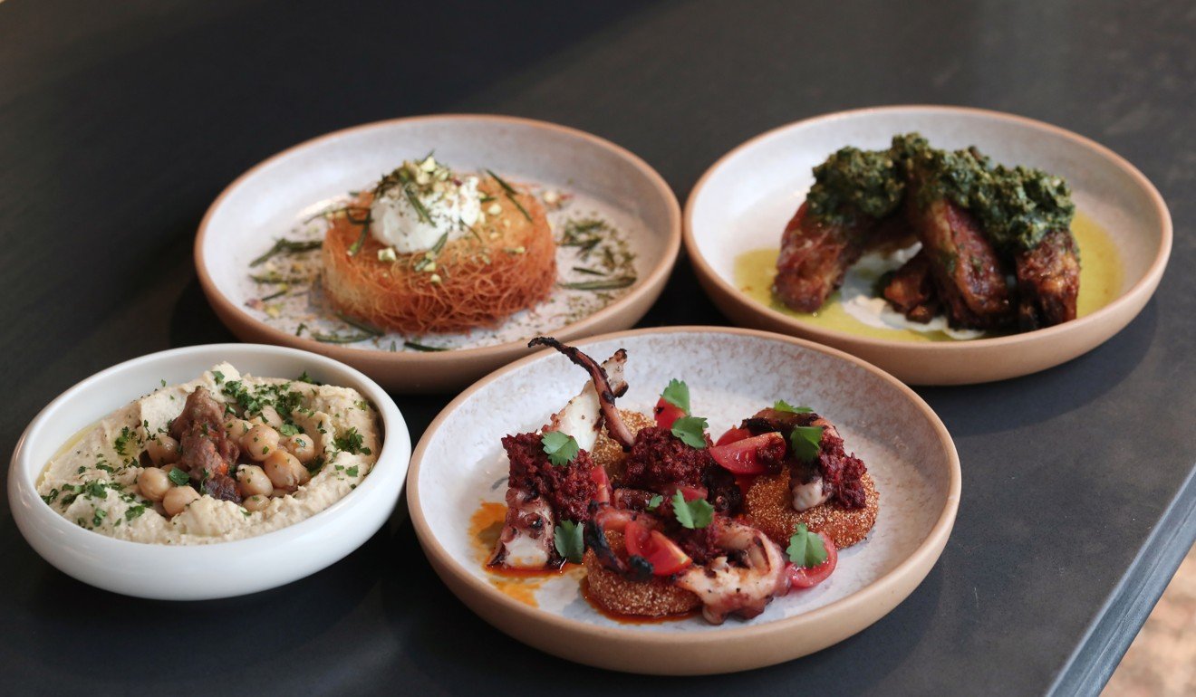 (Clockwise from top left) Knafeh; lamb ribs; grilled octopus and hummus at Francis, one of Jeanjean’s favourite restaurants in their Wan Chai neighbourhood. Photos: Jonathan Wong