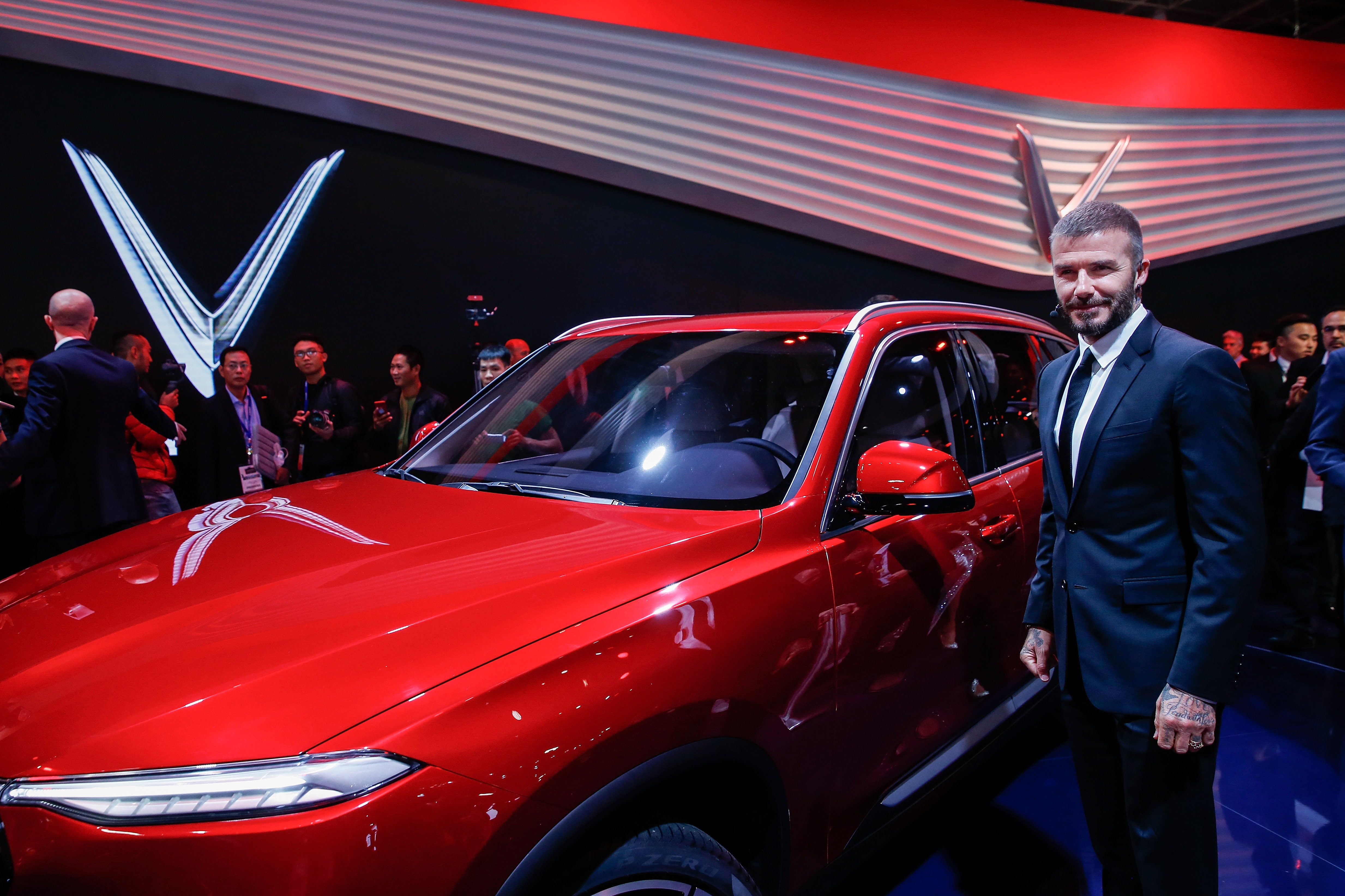 David Beckham at the VinFast launch at the Paris Motor Show. Photo: Getty Images