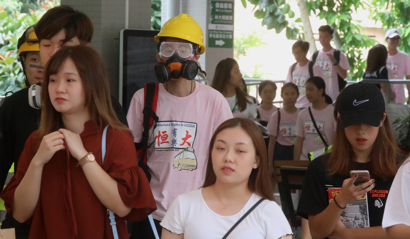 Wilson Tsang (centre with helmet and face mask), one of the students dressed in full protest gear on orientation day at Hang Seng University. Photo: K.Y. Cheng
