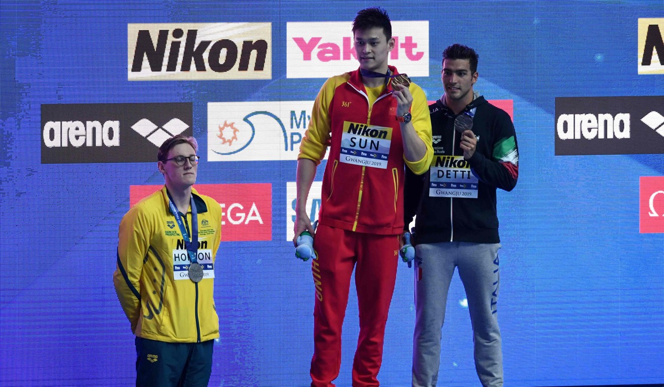 Australia's Mack Horton (left) refuses to stand on the podium with gold medallist Sun Yang. Photo: AFP