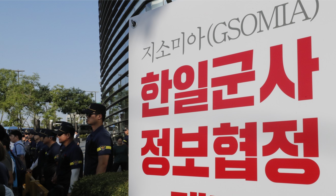 South Korean police stand next to a banner during a rally in Seoul demanding the South Korean government abolish the General Security of Military Information Agreement, or GSOMIA. Photo: AP