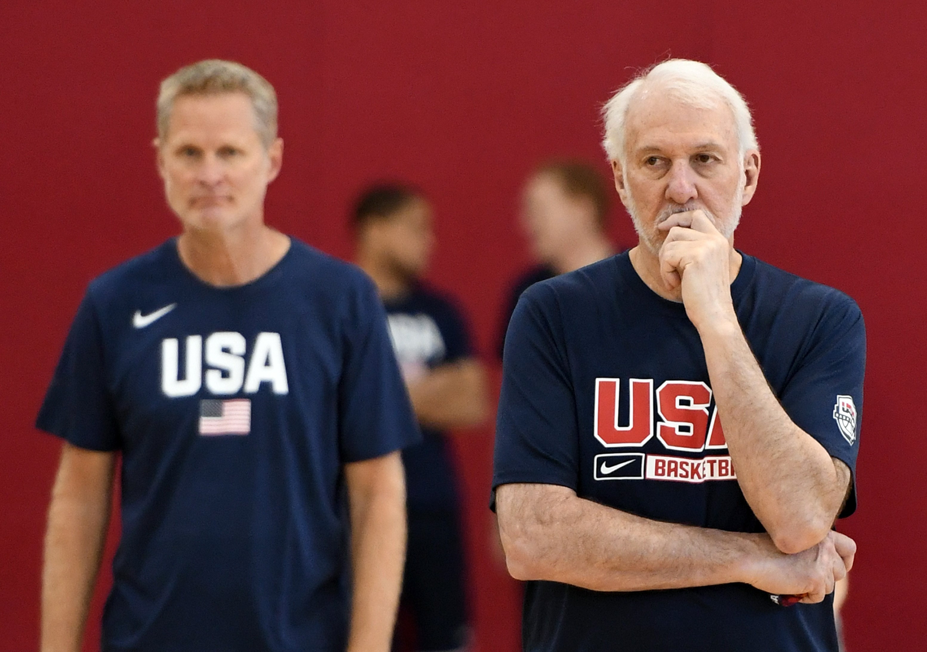 Assistant coach Steve Kerr (left) and head coach Gregg Popovich are preparing to bring Team USA to China for the Basketball Wolrd Cup. Photo: AFP