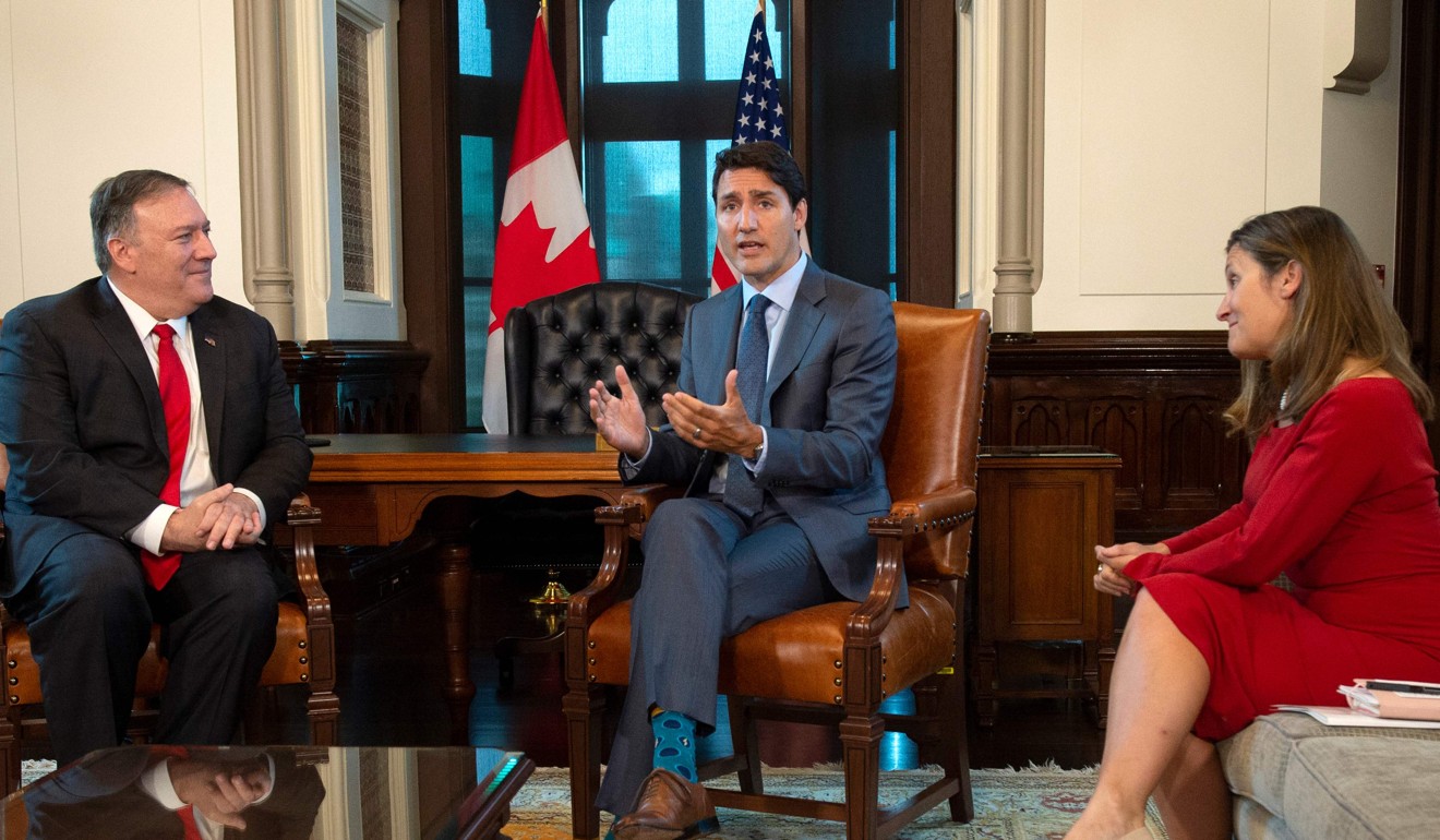 Canadian Prime Minister Justin Trudeau (centre) and Freeland meeting with Pompeo on Thursday in Ottawa. Photo: AFP