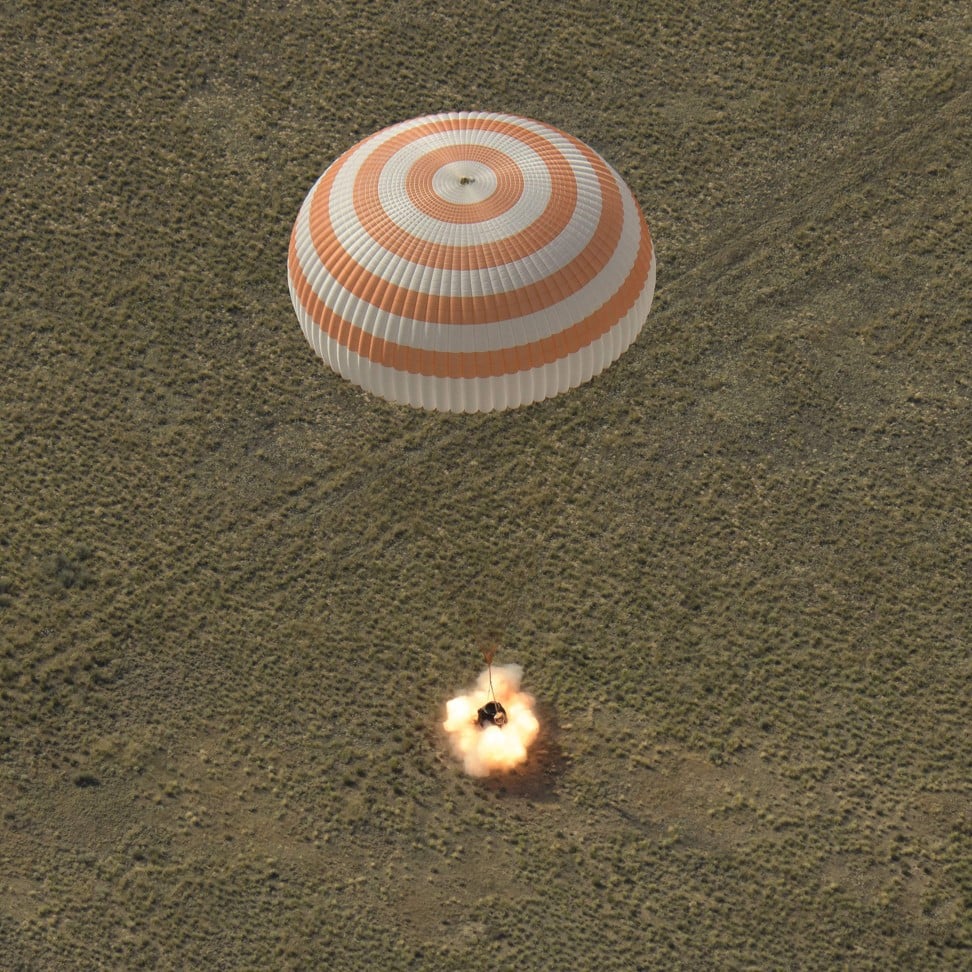 The Soyuz MS-11 spacecraft as it lands with Expedition 59 crew members Anne McClain of Nasa, David Saint-Jacques of the Canadian Space Agency, and Oleg Kononenko of Roscosmos on June 25, 2019. Photo: Nasa