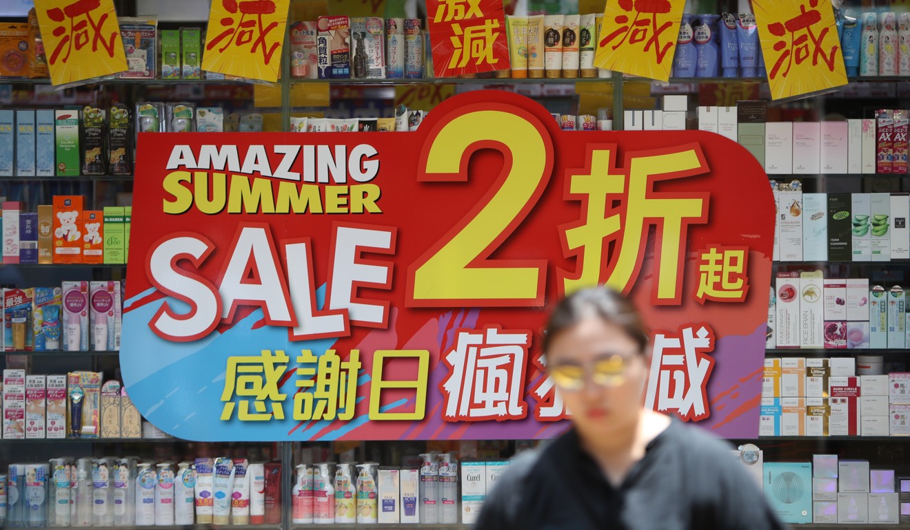 Shops advertise discounts in Tsim Sha Tsui. One economist estimates retail sales will drop by as much as 10 per cent this year. Photo: Winson Wong