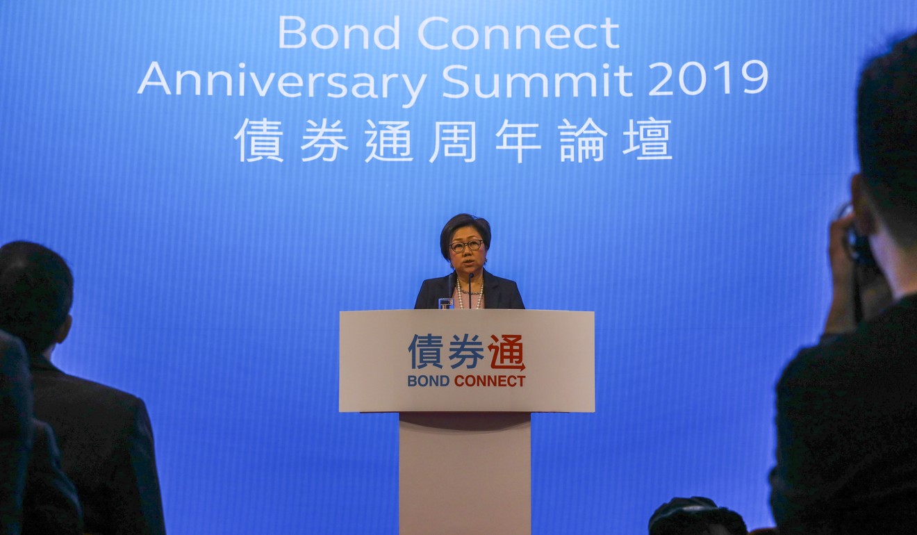 Hong Kong Exchanges and Clearing chairwoman Laura Cha Shih May-lung speaks at the Bond Connect Anniversary Summit 2019 in Central on July 3. Photo: Jonathan Wong